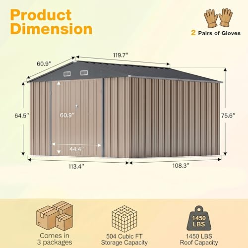 Image of Devoko 10x10 FT Outdoor Storage Shed with Floor Frame, Metal Tool Shed with Slooping Roof, Heavy Duty Large Shed for Garden Backyard Patio(Brown)