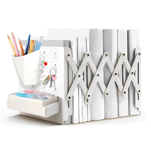 Adjustable Book Ends, Expandable Metal Bookends with Six Hooks A Pencil Holder and A Storage Box Heavy Duty Non-Skid Book Holder for Shelves Desktop Books Organizer Stand