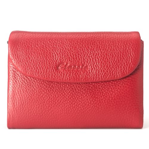Wallet for Women [Genuine Leather] [Magnetic Closure], Large Capacity Female Ladies Bifold Wallet Card Holder, ID Window, Zipper Coin Pockets (Red)