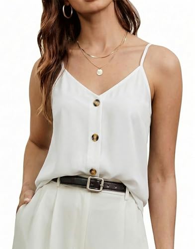 BLENCOT Tank Tops for Womens Summer Boho Button Down V Neck Business Casual Going Out Top Spaghetti Strap Beach Vacation Clothes Dressy Spring Sleeveless Blouses White L