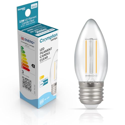 Crompton Lamps Filament Candle LED Light Bulb ES-E27 | 2.2W = 25W Equivalent | Cool White 4000K | Energy Efficient | Edison Screw Lightbulb | Long Life 15,000-Hrs | Clear Glass