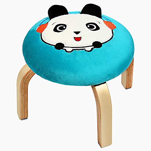 ACE2ACE Round Wooden Stool, Panda Cartoon Wooden Ottoman Stool, Tufted Velvet Stool, Ottoman Footrest Stool with Cute Pattern, Blue