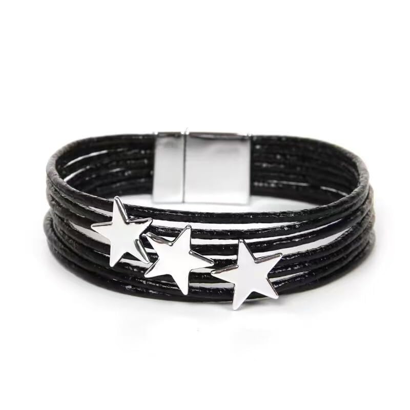 Bracelet rétro étoile Y2K en cuir multicouche brillant pour look grunge