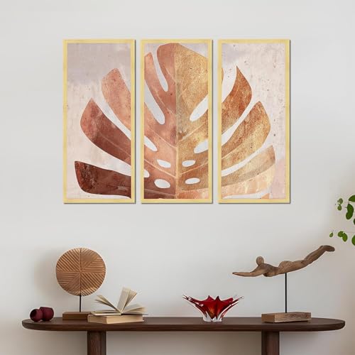 Image of PAINTINGMANTRA Abstract Botanical Framed Wall Art Set of 3 | Modern Boho Leaf & Landscape Prints | Engineered Wood Frame Wall Decor for Living Room, Bedroom & Office, 8.9x18.9 Inch