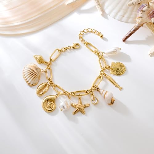 WOWORAMA Gold Shell Charm Bracelet for Women Chunky Gold Seashell Starfish Bracelet Boho Summer Beach Charm Bracelets Hawaiian Mermaid Jewelry 5