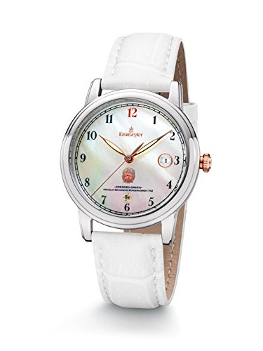 Kronsegler Dresden Green II Damenuhr Stahl - perl | silberner Edelstahl – Perlmuttzifferblatt – grüner Diamant – Lederarmband weiß