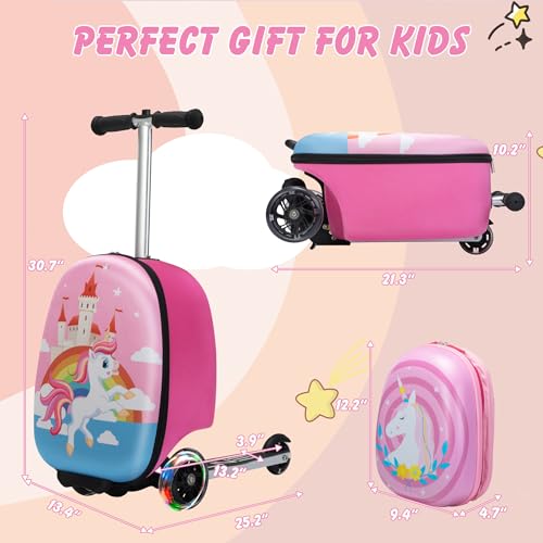 VLIVE Scooter Luggage w/Backpack 2-in-1 Set For Girls Ages 4-8, Durable EVA Kids Ride On Suitcase Multi-functional Lightweight Foldable Carry On Luggage With Wheels Ride On For Children（Mermaid）2