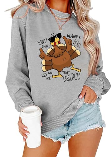 Image of Thanksgiving Sweatshirts for Women Turkey Gravy Beans and Rolls Sweatshirt Funny Turkey Graphic Long Sleeve Tops, Light Grey, XXL