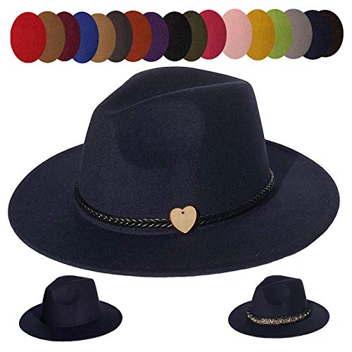 JK Home - JK Home Wide Brim Fedora Hat - Felt Panama Cap - 2pcs Adjustable Bands - Vintage Style Cosplay Navy Blue