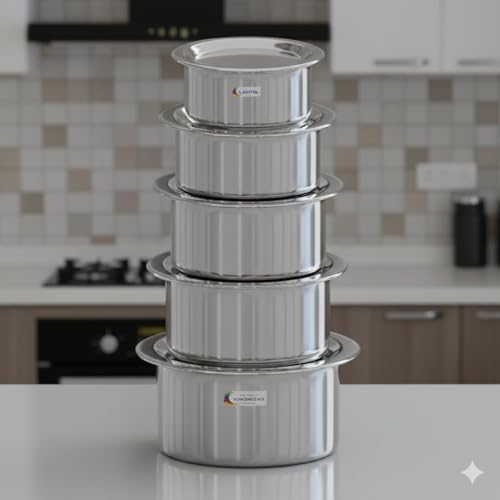 Image of Stainless Steel Tope Patila tepeli Pot pan Utensils Combo cookware Set of 5 PiC Stove and Induction Friendly /Bhagona /Sandwich Bottom Tope /Flat Bottom /Silver /Cookware OK