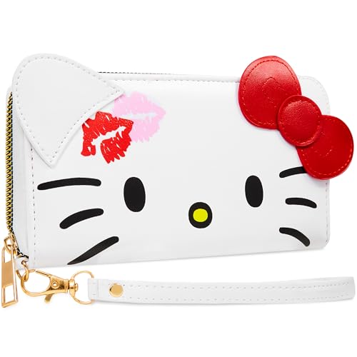 Hello Kitty Carteira feminina, bolsa com zíper com compartimentos para cartões e bolso para moedas, Branco/Vermelho, One Size, Moderno