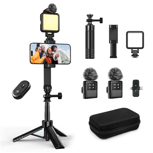 yAyusi Vlogging Kit pour iPhone/Android, Kit Youtuber Comprend Trépied 3 en 1, Lumière LED, Microphone et Housse de Rangement, Idéal pour Interviews de Rue et Enregistrement de Vlog