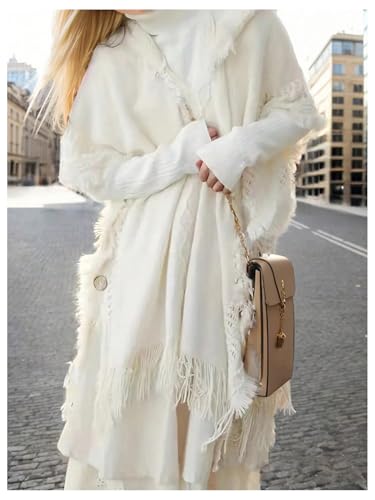 GORGLITTER Women's Fall Fringe Shawl Wrap Warm Poncho Cape Hooded Sweater Boho Dolman Sleeve Button Oversized Sweaters3