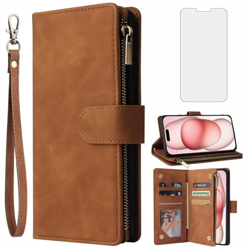 Étui portefeuille iPhone 15 Plus avec protection écran verre trempé