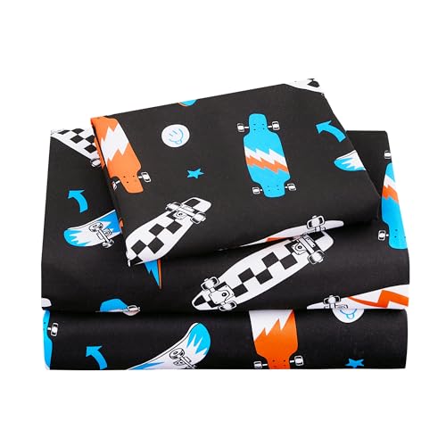 Image of Viviland 3 Pieces Boys Black Twin Sheet Set - Soft Microfiber Fitted Flat Sheets & Pillowcase Bed Sheet Set - Cool Skateboard Bedding Sets for Kids