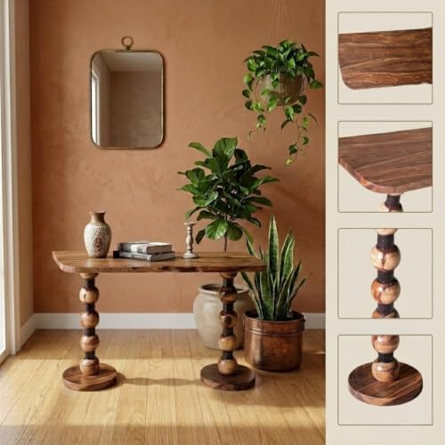 Image of Solid Sheesham Wood Console Table for Living Room | Entryway Hallway Sofa & Fish Tank Table | Narrow Stand with Turned Ball Legs & Rounded Edge Top | Wooden Accent Furniture |Light Walnut
