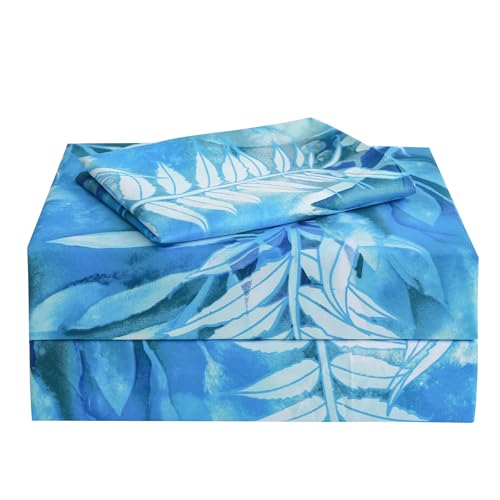 Image of JSD Blue Tropical Leaves Print Twin Sheet Set Deep Pocket | 3 Piece Soft Botanical Microfiber Sheets, OEKO-TEX Certified, Easy Care