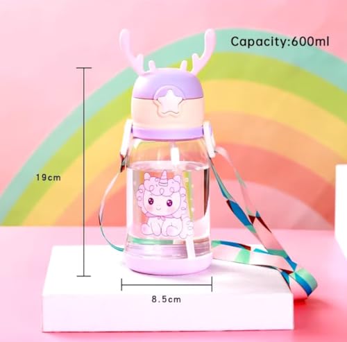 Garrafa Infantil Com Canudo Bico Silicone Desenho Chifre Alce Alça Tampa Antivazamento Escolar (Lilá