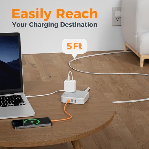Flat Plug Extension Cord Indoor 5 Ft, Power Bars with Surge Protector, TESSAN Power Strip with 4 Multiple Outlets 3 USB Ports (1 USB C), Surge Protection for Dorm Room Home Office, image 5