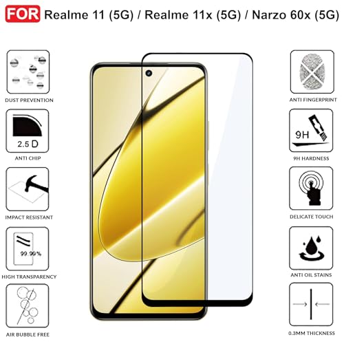 Image of DD SON Tempered Glass Screen Protector Compatible For Realme 11(5G) /Realme 11X(5G) /Realme Narzo 60X(5G) /Realme C67 5G(11D) Smartphone With Edge To Edge Coverage And Easy Installation Kit,Black