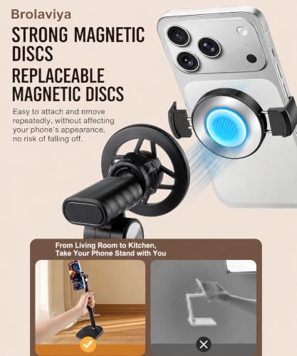 Image of BROLAVIYA 2-in-1 Magnetic & Clip Phone Stand for Desk, Adjustable Height Mobile Holder, MagSafe-Compatible Mount with Phone Clamp, 360 Rotation for Live Streaming, Recording, Video Calls & Cooking