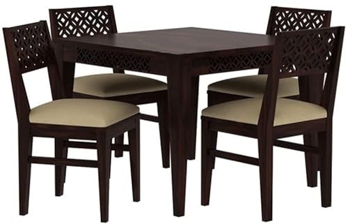 Image of Wooden Dining Table Set 4 Seater | Solid Sheesham Wood Four Seater Dining Table 4 Seater with 4 Cushion Chairs for Living Room | 4 Seater Dining Set for Hotel and Restaurant, Walnut Finish