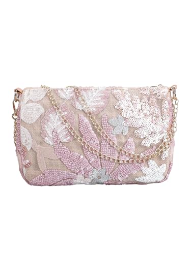QWINEE Women's Sequin Floral Embroidery Evening Beaded Clutch Bags Elegant Mini Crossbody Purses Wedding Party Bag Light Pink One Size