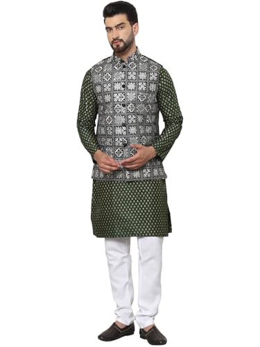 Image of SOJANYA (Since 1958 Men's Silk Blend Printed Kurta and White Pyjama with Embroidered Nehru Jacket