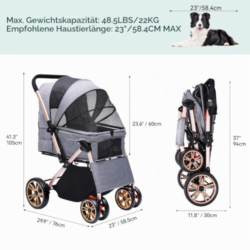 YITAHOME Hundebuggy Hundewagen klappbar für Hunde & Katzen, Haustierbuggy bis 22 kg mit umkehrbarem Griff, Netzfenstern, Getränkehalter, 360° drehbare EVA-Räder mit Bremsen (Grau)