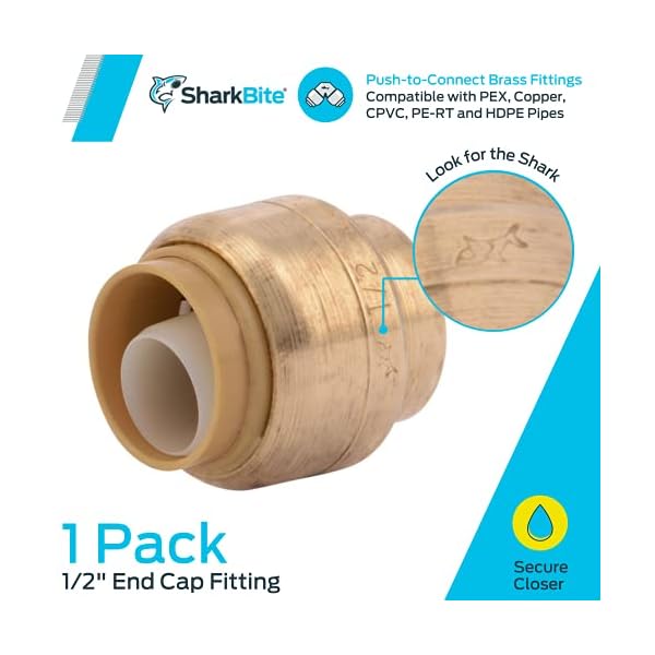 SharkBite 1/2 Inch Push Cap, Push to Connect Brass Plumbing Fitting