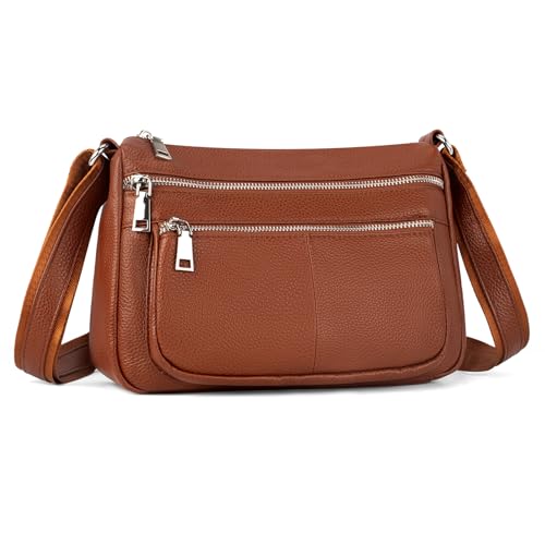 Sac à main en cuir véritable femme avec plusieurs poches zippées pratiques