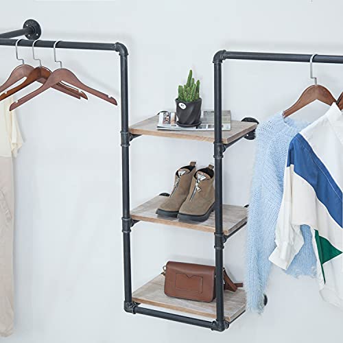 Civana Industrial Garment Rack, 3-Tiers Pipeline Clothing Rack, Rustic Cloth Hanging Bar, Retail Display Hanger With Storage Shelves, Boutique Multi-Purpose Shelf (Black, 110'' L) #TOP5