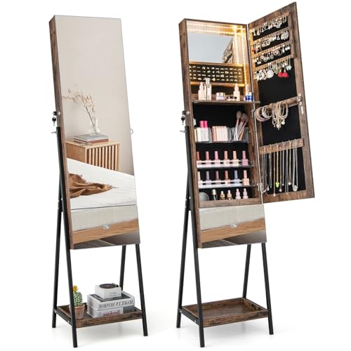 DORTALA Jewelry Cabinet Armoire with Full Length Mirror, Lockable Standing Jewelry Organizer with Storage Shelves, 3-Color LED Lights Built-in Makeup Mirror for Living Room, Bedroom, Rustic Brown