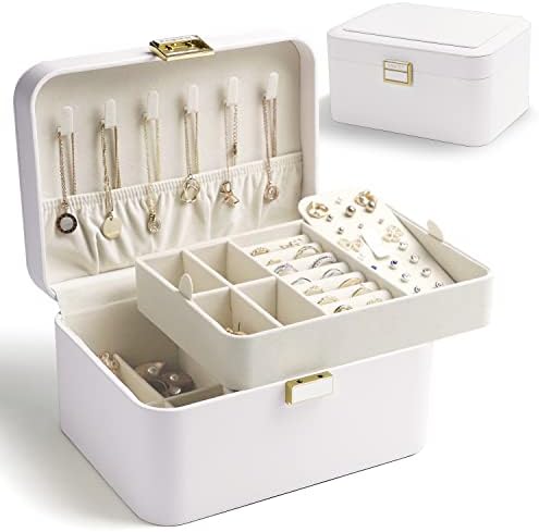 KAMIER Jewelry Box Organizer for Women,2 Layer Jewelry Organizer Boxes for Earrings Bracelets Rings Necklaces,Luxury Leather & Soft Velvet Lined,Gift Box Packaging, White
