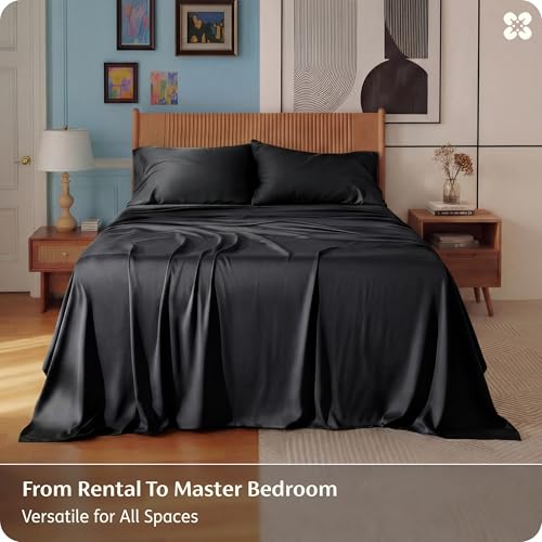 Image of Bedsure Full Size Bed Sheets, Cooling Sheets, Rayon Derived from Bamboo, PureWoven, Breathable & Soft, Deep Pocket Up to 16 Inches, Hotel Luxury Silky Bedding for Hot Sleepers, Black