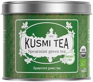 Kusmi Tea - Spearmint Green - Organic Blend of Gunpowder Green Tea with Mint - Peppermint Tea - Enjoy Hot or Ice - Organic Flavored Green Tea - Loose Leaf Tea - Tin Box of 3.5 oz - For about 50 cups