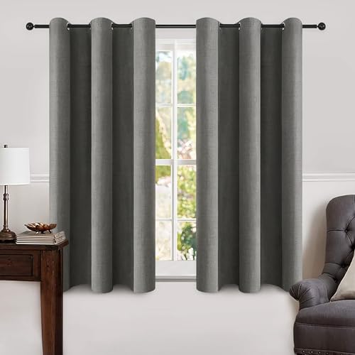 Image of MIULEE Linen Blackout Curtains and Drapes 100% Room Darken Thermal Insulated Grommet Window Panels with Coating 2 PCs W 42 x L 63 inches Dark Grey