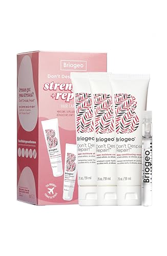 Briogeo Don't Despair, Repair! Strenthen + Repair Minis Kit, Repairs Dry, Damaged or Color Treated Hair,Travel Kit, Strengthens Hair, Hydrates Dry Hair, Vegan, Cruelty-Free, 4-Piece Set