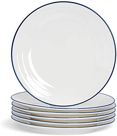 Nicola Spring 6x Country Farmhouse 26cm White Dinner Plates Set with Blue Rims - Porcelain Dining Main Course Serving Student Dishes Set - Microwave and Dishwasher Safe