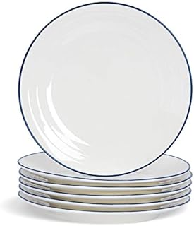 Nicola Spring 6x Country Farmhouse 26cm White Dinner Plates Set with Blue Rims - Porcelain Dining Main Course Serving Student Dishes Set - Microwave and Dishwasher Safe