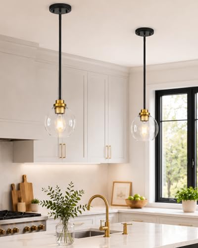Image of Pendant Lights Kitchen Island, 7 inch Black and Gold Hanging Lights Fixtures with Clear Glass Globe Shade, Modern Kitchen Island Lighting for Bathroom, AD-22280-1P-KG