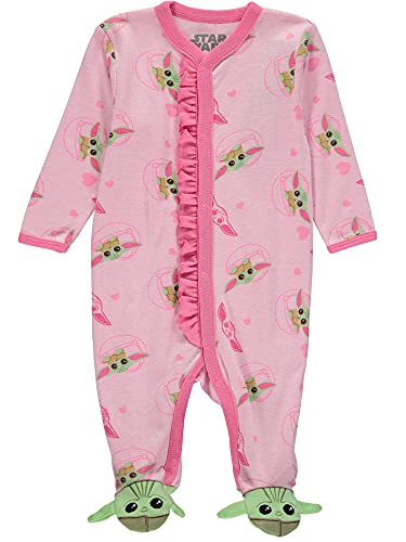 Image of STAR WARS Baby Yoda Baby Girls Footie Pajamas Romper - Baby Pajamas - Baby Girl Sleepers (Pink, 3-6M)