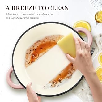 Overmont 28cm/6.6L Enamelled Cast Iron Round Casserole Pot With Lid Cookbook & Cotton Potholders - Non-stick Dutch Oven Cookware for Braising, Stews, Roasting, Bread Baking - Pink, 7QT