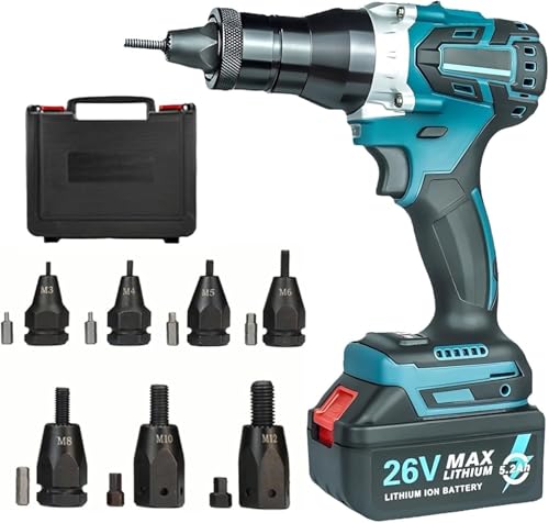 15680N Cordless Rivet Gun, Brushless Electric Rivet Nut Gun, Electric Blind Riveter Tool Kit, Portable Rivet Hand Tool for Nutserts M3-M4-M5-M6-M8-M10-M12 with Memory Function & LED Light,5200mah*2