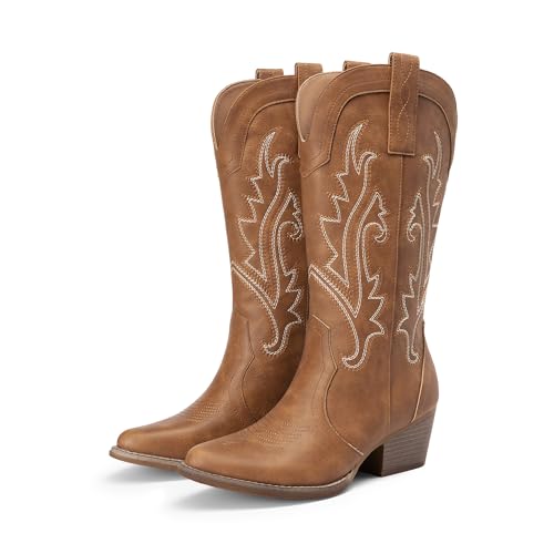 Image of DREAM PAIRS Women's Cowboy Cowgirl Western Boots | Embroidered Pointed Toe Low Heel Mid Calf Boot for Theme Party Country Concert