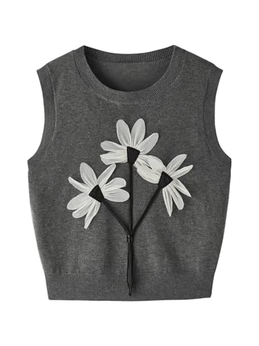 Image of Verdusa Women's 3D Floral Knit Tops Sleeveless Round Neck Sweater Vest Grey Large
