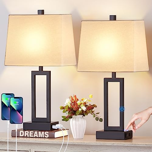 23.5" Touch Control Table Lamps Set of 2, Bedside Lamp with 2 USB Ports & AC Outlet, 3-Way Dimmable Nightstand Lamp with White Linen Shade for Living Room Bedroom End Table Office(2 LED Bulb Included) by Lolikit - Used condition - US$56.63