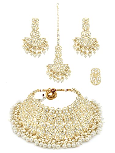 ZAVERI PEARLS Gold Tone Bridal Kundan Choker Necklace Earring Maangtikka & Ring Set For Women-ZPFK12217 ZAVERI PEARLS Gold Tone Bridal Kundan Choker Necklace Earring Maangtikka & Ring Set For Women-ZPFK12217