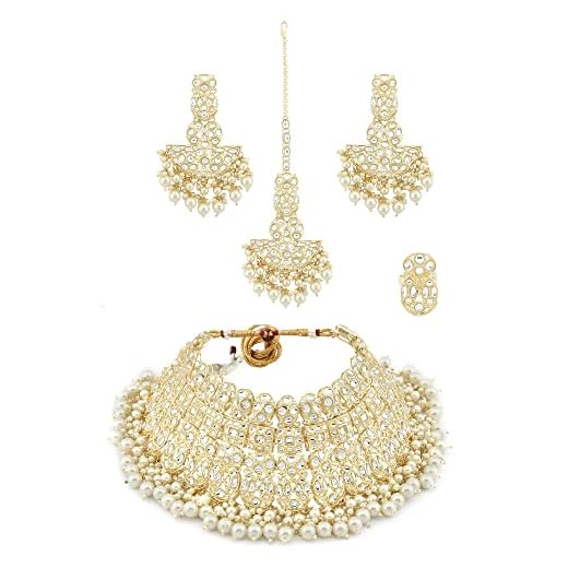 ZAVERI PEARLS Gold Tone Bridal Kundan Choker Necklace Earring Maangtikka & Ring Set For Women-ZPFK12217