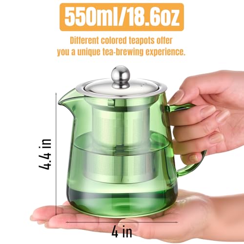 Image of PARACITY Glass Teapot Stovetop 32OZ, Borosilicate Clear Tea Kettle with Removable 18 /8 Stainless Steel Infuser, Teapot Blooming and Loose Leaf Tea Maker Tea Brewer (Green, 550ML)